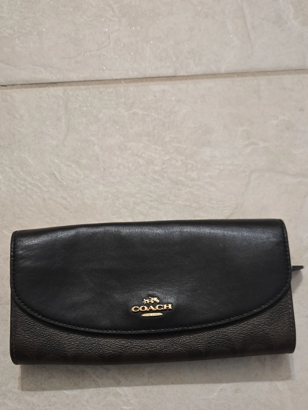 Coach Black Leather Continental Wallet with Gold Logo